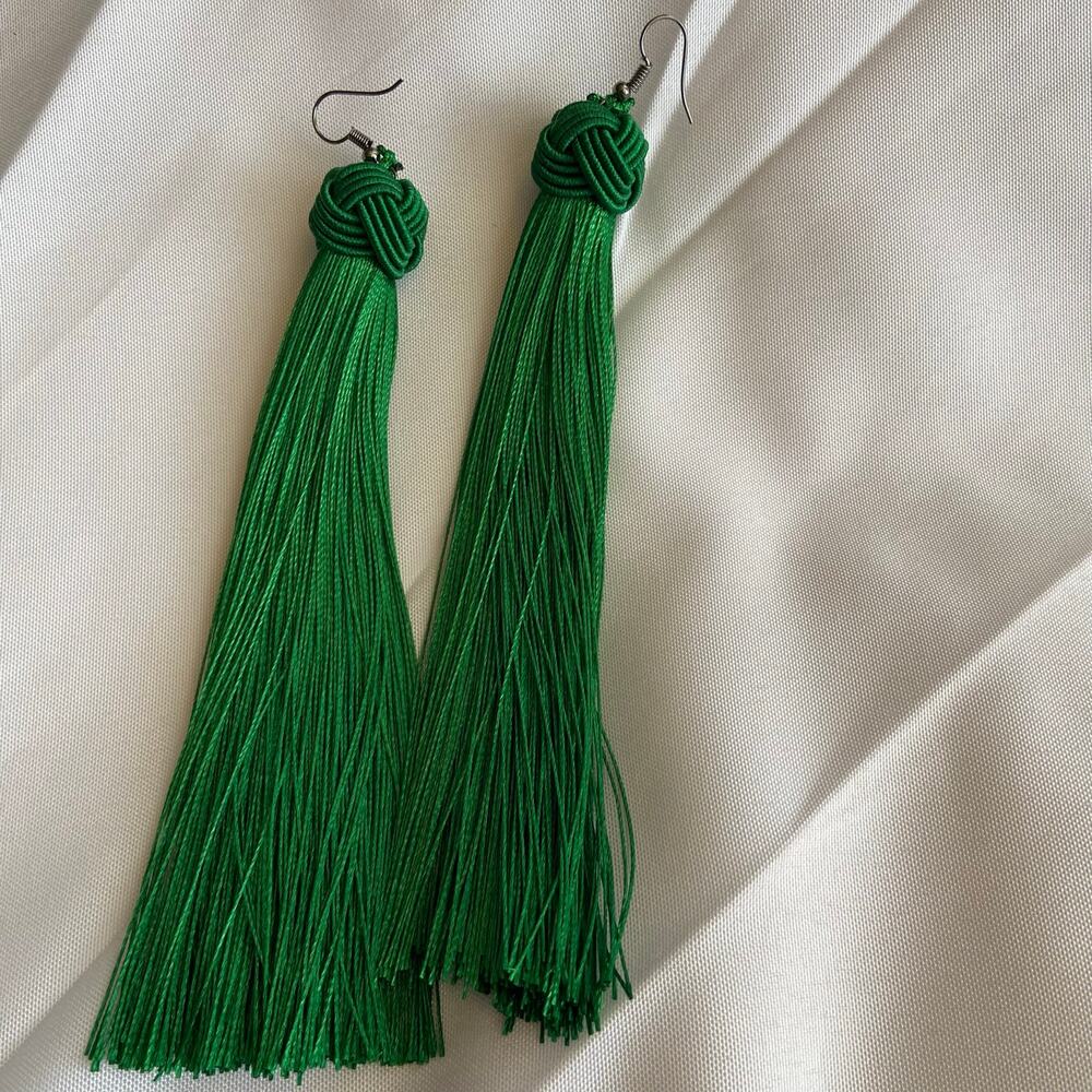 Green Tassel Earrings Knot Detail Boho Statement Dangle Drop Earrings